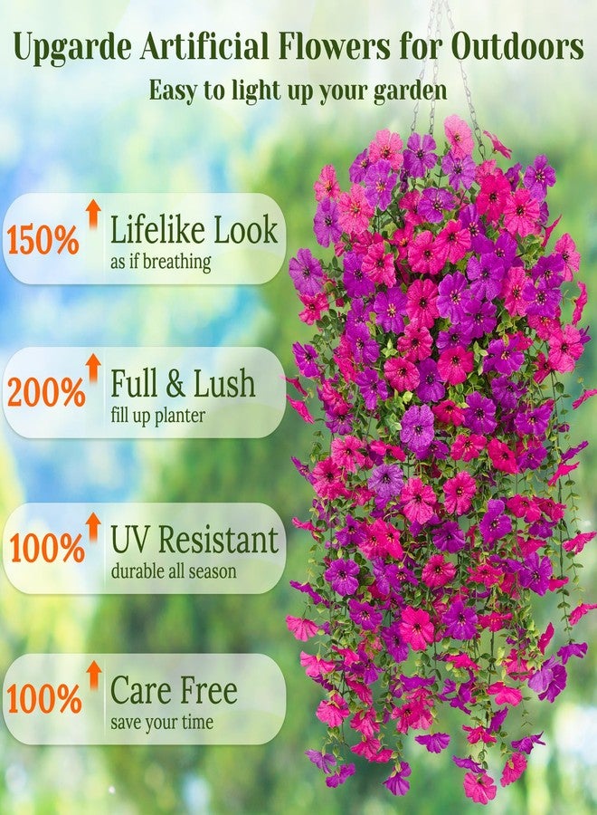 Dolicer 2 Pcs Look Real Artificial Flowers for Outdoors, Realistic Fake Artificial Hanging Flowers for Outdoors UV Resistant Silk Faux Hanging Plants Flowers for Porch Patio Garden (Purple+Fuchsia) - Image 4