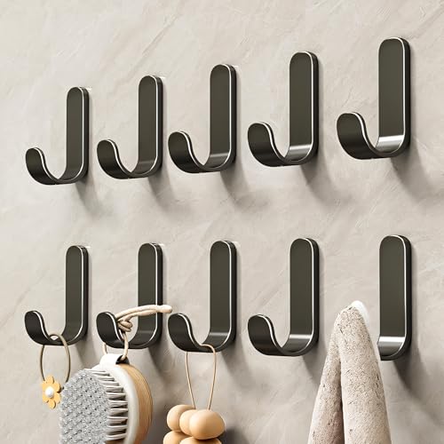 MIORAH Strong Adhesive Carbon Steel Wall Hook for Bathroom and Kitchen | Seamless Clothes Hanger Hook for Door and Wall Mounting | Reusable Behind-The-Door Holder – Black, Pack of 10 - Image 1