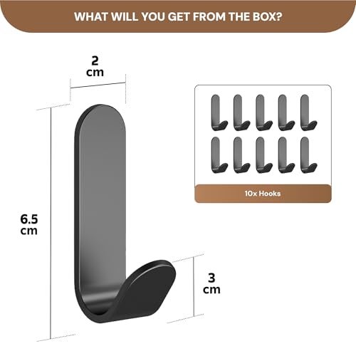 MIORAH Strong Adhesive Carbon Steel Wall Hook for Bathroom and Kitchen | Seamless Clothes Hanger Hook for Door and Wall Mounting | Reusable Behind-The-Door Holder – Black, Pack of 10 - Image 2