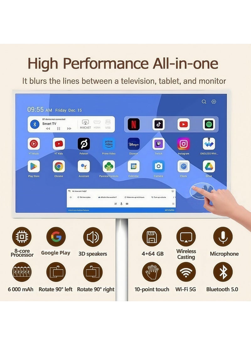 FlashHawk - 21.5 Inch Portable TV Floor Screen with Adjustable Stand  | 4G RAM+64G Storage- LCD Smart Touch Display Screen, Built-in Battery, Full Swivel Rotation - Image 1