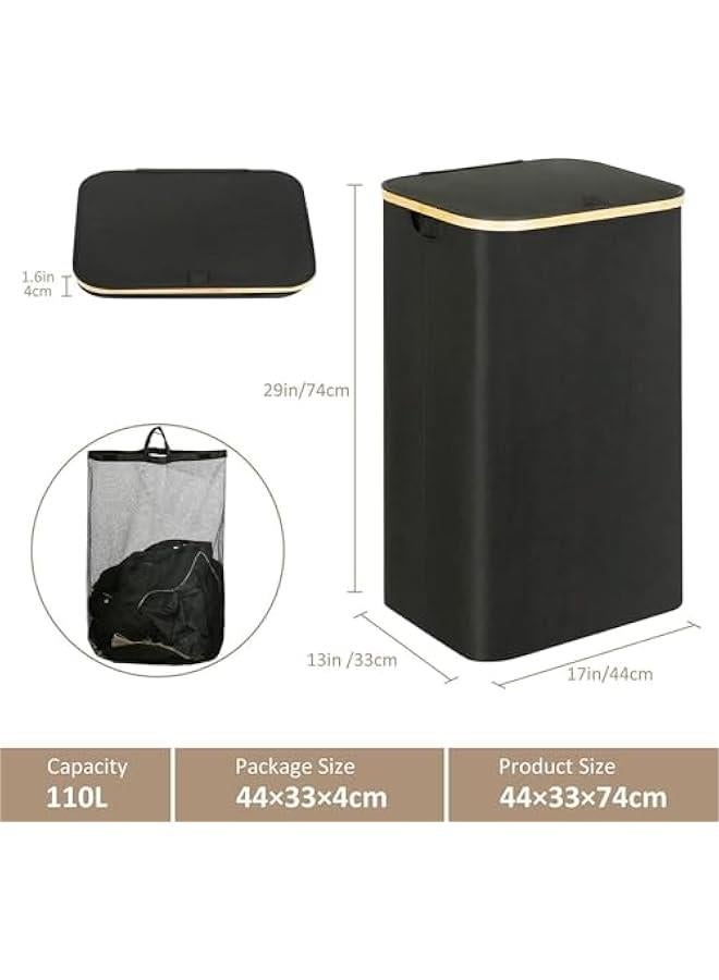 MIXDE Large Laundry Basket with Lid, 110L Tall Laundry Basket with Bamboo Handles for Clothes and Toys, Collapsible Laundry Hamper with Inner Bag for Bedroom and Bathroom (Black) - Image 2