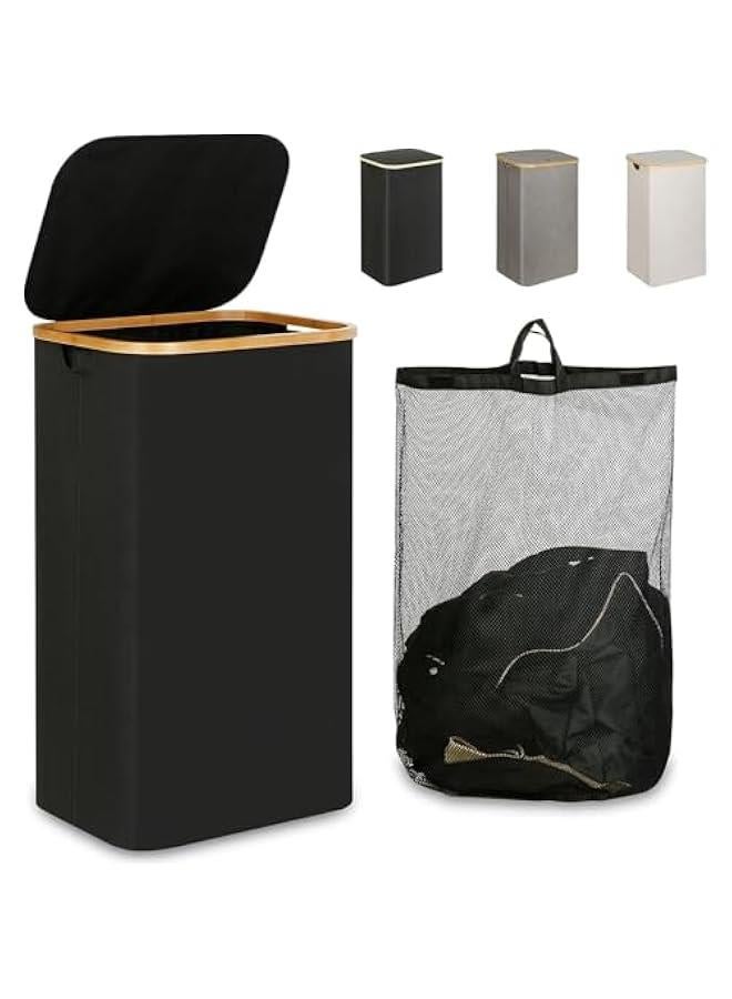 MIXDE Large Laundry Basket with Lid, 110L Tall Laundry Basket with Bamboo Handles for Clothes and Toys, Collapsible Laundry Hamper with Inner Bag for Bedroom and Bathroom (Black) - Image 1