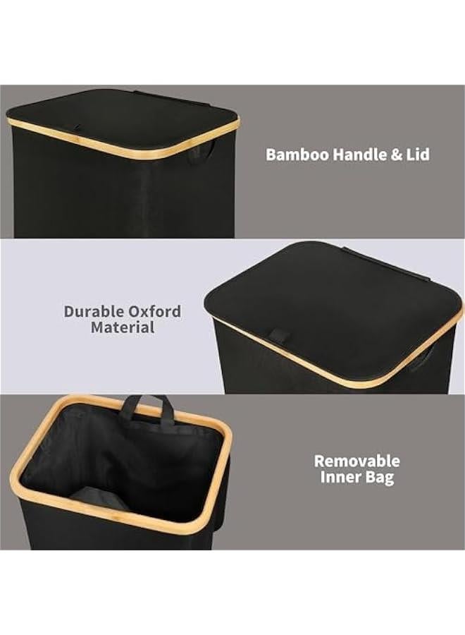 MIXDE Large Laundry Basket with Lid, 110L Tall Laundry Basket with Bamboo Handles for Clothes and Toys, Collapsible Laundry Hamper with Inner Bag for Bedroom and Bathroom (Black) - Image 4