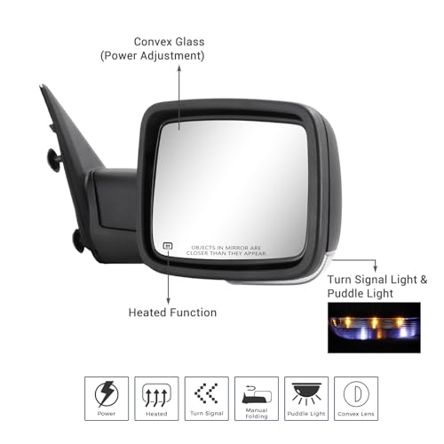 Sanooer Side Mirror for Dodge Ram - Compatible with Towing Mirror 2009-2018 Dodge Ram 1500 2500 3500 4500 5500 with Power Heated Turn Signal Manual Folding Power Adjustment Only Right Side - Image 2