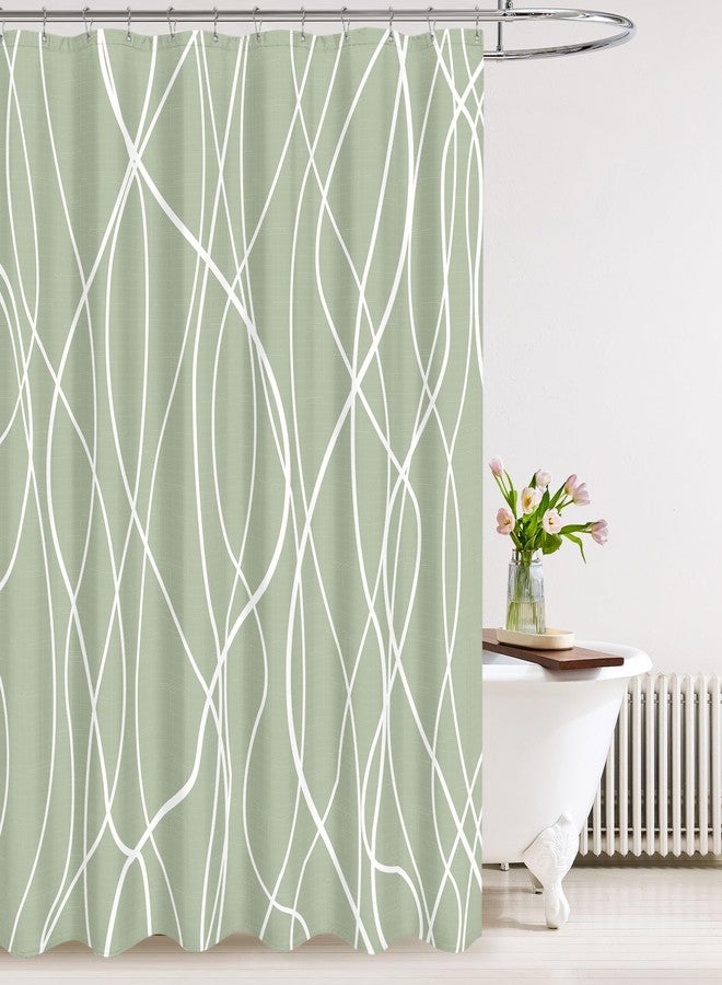 Tititex Morden 140gms Faux Linen Fabric Bath Shower Curtain Set Textured Fabric with Sage White Curve Pattern 72x72 Inch Water Resistant Bathroom Curtains, Weighted Hem & Hooks for Home/Hotel - Image 1