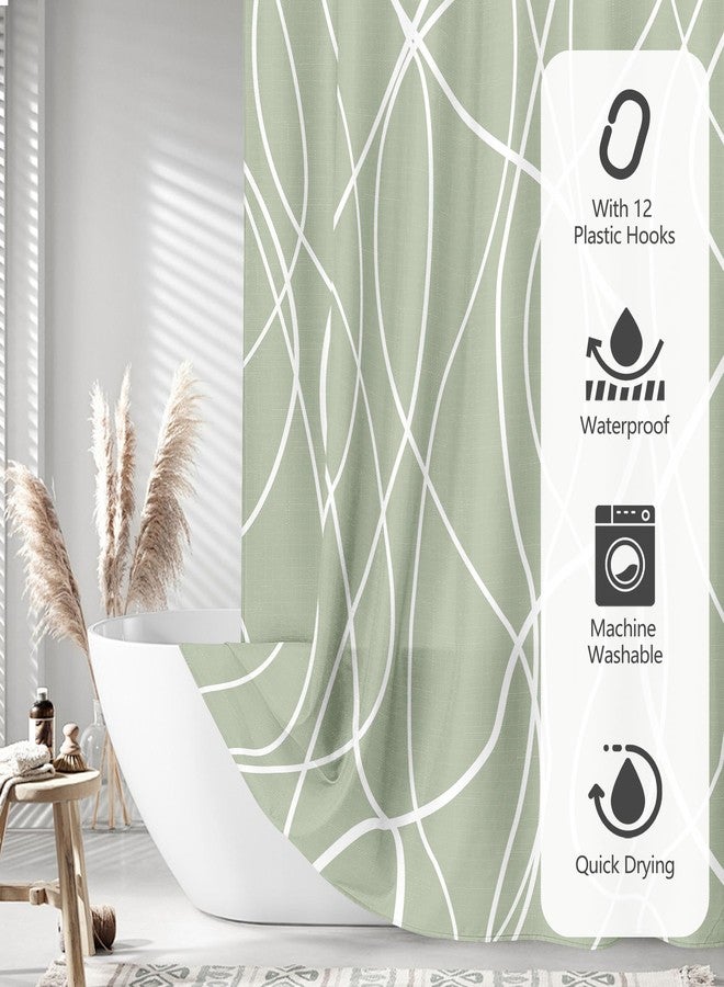 Tititex Morden 140gms Faux Linen Fabric Bath Shower Curtain Set Textured Fabric with Sage White Curve Pattern 72x72 Inch Water Resistant Bathroom Curtains, Weighted Hem & Hooks for Home/Hotel - Image 5