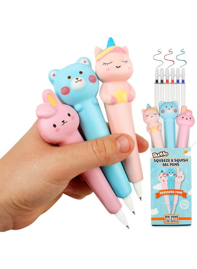 BUNMO Cute Squishy Gel Pens 3-Pack With Soft Grip - Quick Dry Ink In Blue, Red, Black - Gifts For Tween Girls, Cute Pens With 6 Ink Refills - Squishy Design For Squeezing & Relieving Tension - Image 1