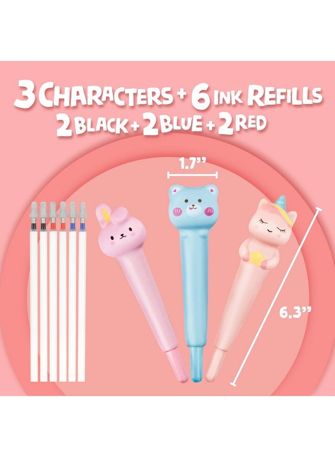 BUNMO Cute Squishy Gel Pens 3-Pack With Soft Grip - Quick Dry Ink In Blue, Red, Black - Gifts For Tween Girls, Cute Pens With 6 Ink Refills - Squishy Design For Squeezing & Relieving Tension - Image 4