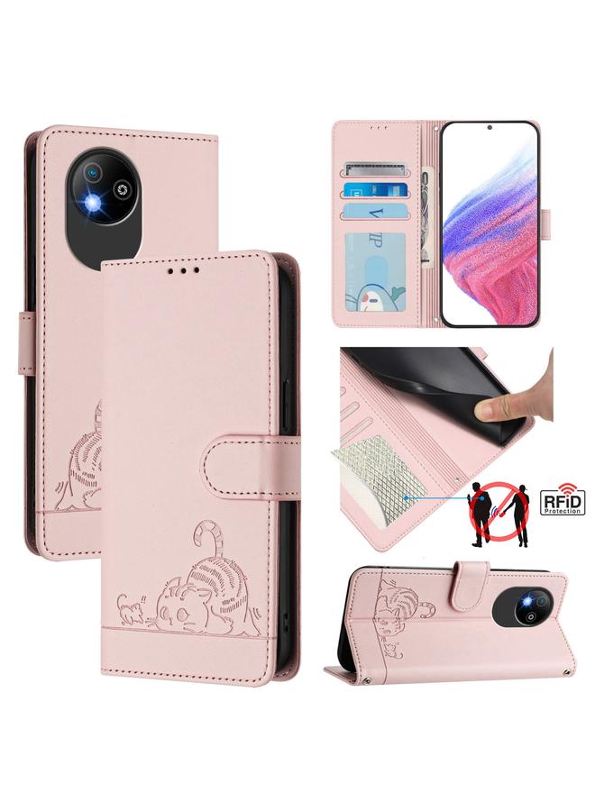 The Bros Case For ZTE Blade A35 Lite Cat Rat Embossed Pattern RFID Leather Phone Case with Lanyard