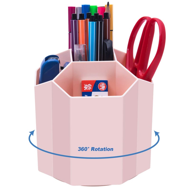 Siveit Desk Pencil Pen Holder, Rotating Pen Organizers 360-Degree 5 Grid Pen Holder for Desktop Storage Stationery Supplies Organizer, Home, Office, School, Kids, Peach Pink - Image 1