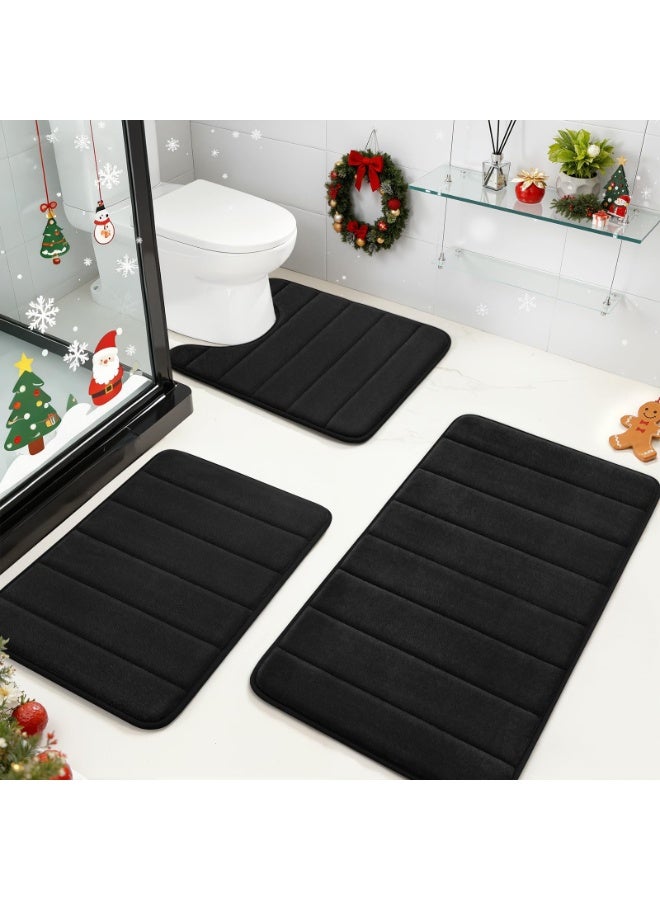 طقم سجادة حمام من رغوة الذاكرة السوداء 3 قطع، غير قابل للانزلاق، ناعمة جداً، ماصة وقابلة للغسل والتجفيف - Image 1