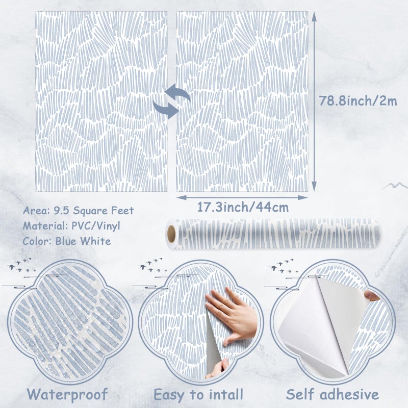 Theper Blue Wallpaper 17.3"Ã—78.8" Modern Striped Peel and Stick Wallpaper Boho Removable Self Adhesive Wall Paper for Bedroom Waterproof White and Blue Contact Paper Vinyl - Image 3