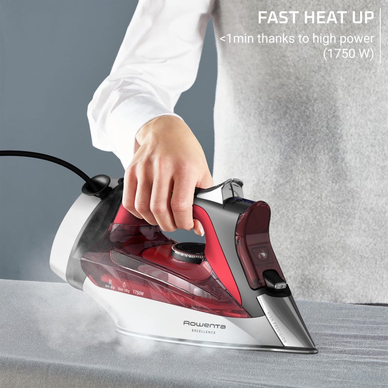 Rowenta Iron, Focus Excellence Stainless Steel Soleplate Steam Iron for Clothes, Retractable Cord, 400+ Microsteam Holes, Powerful steam, LED Display, 1750 W Ironing Clothes, Cordreel, Red DW5433 - Image 4
