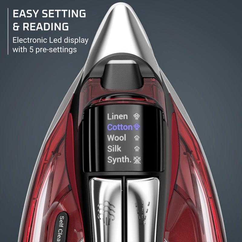 Rowenta Iron, Focus Excellence Stainless Steel Soleplate Steam Iron for Clothes, Retractable Cord, 400+ Microsteam Holes, Powerful steam, LED Display, 1750 W Ironing Clothes, Cordreel, Red DW5433 - Image 3