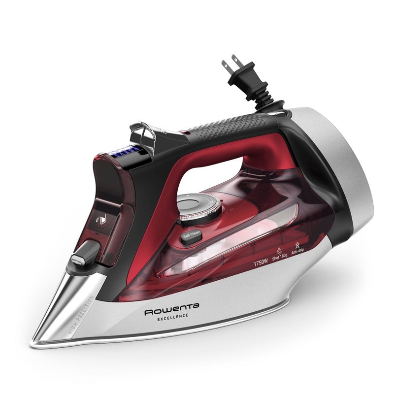 Rowenta Iron, Focus Excellence Stainless Steel Soleplate Steam Iron for Clothes, Retractable Cord, 400+ Microsteam Holes, Powerful steam, LED Display, 1750 W Ironing Clothes, Cordreel, Red DW5433 - Image 1