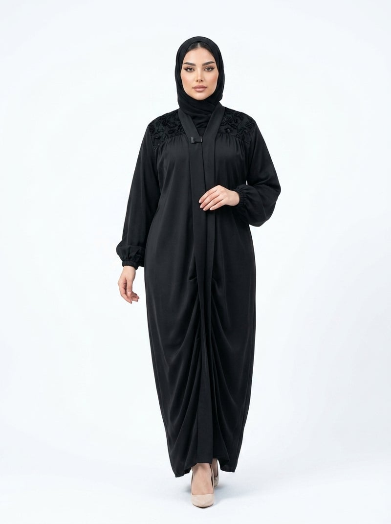 Elegant Black Women's Abaya with Lace Sleeve Details, Suitable for Formal and Daily Occasions, Color: Black - Size 3XL(120 KG) - Image 4
