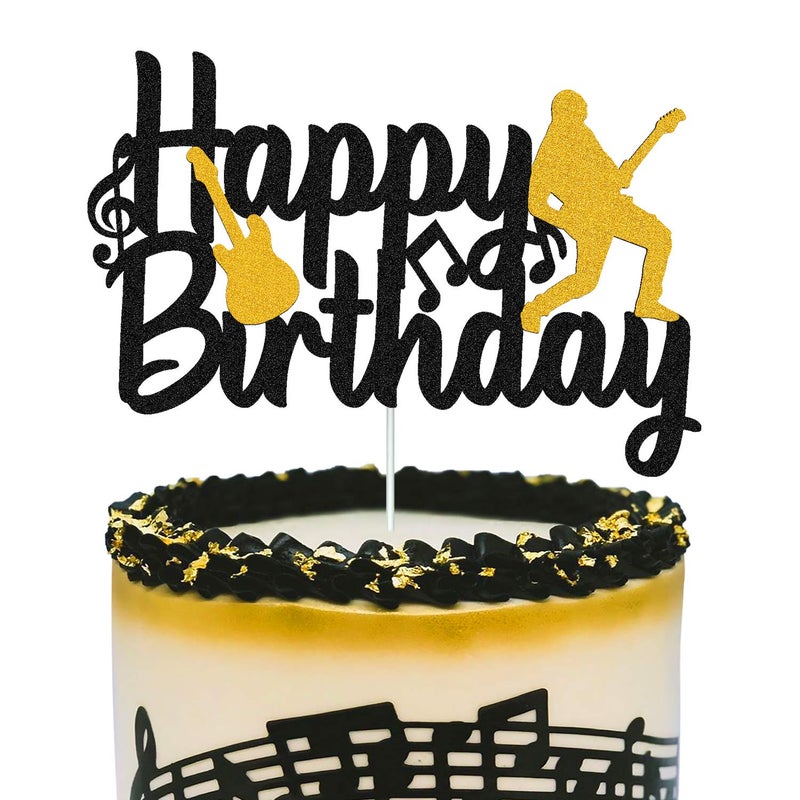 Music Cake Topper Happy Birthday Sign Musical Notes Player Cake Decorations for Musical Rock Theme Man Boy Girl Birthday Party Supplies Double Sided Black Sparkle Decor