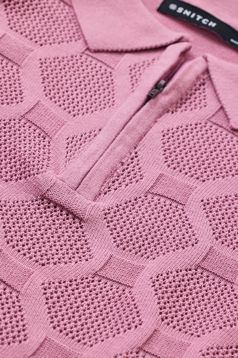 SNITCH Slim Fit Cotton Knitted Pink Polo T-Shirt