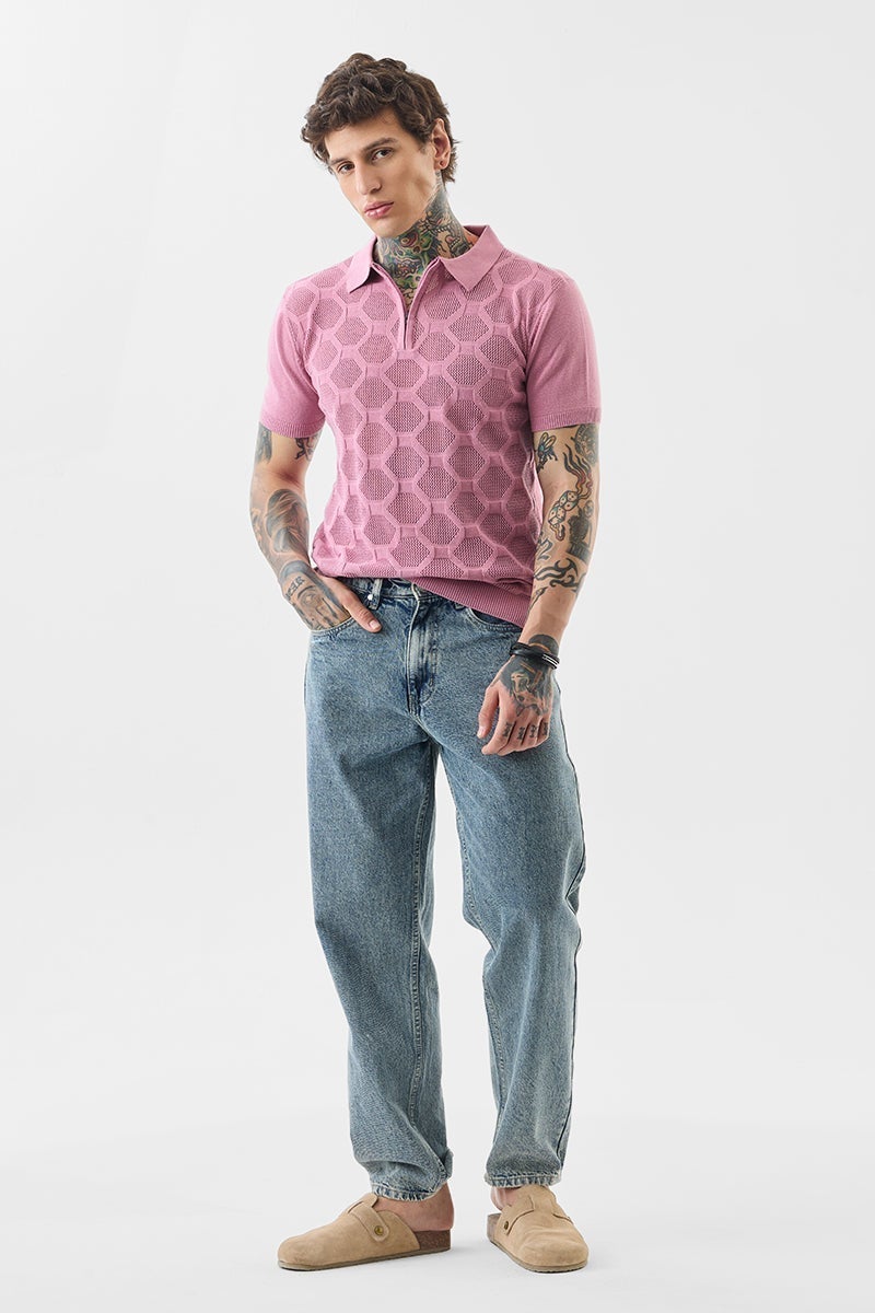 SNITCH Slim Fit Cotton Knitted Pink Polo T-Shirt - Image 3