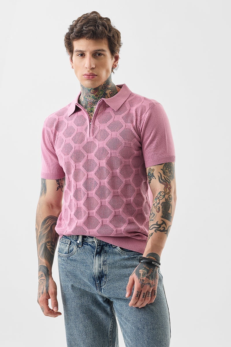 SNITCH Slim Fit Cotton Knitted Pink Polo T-Shirt - Image 1