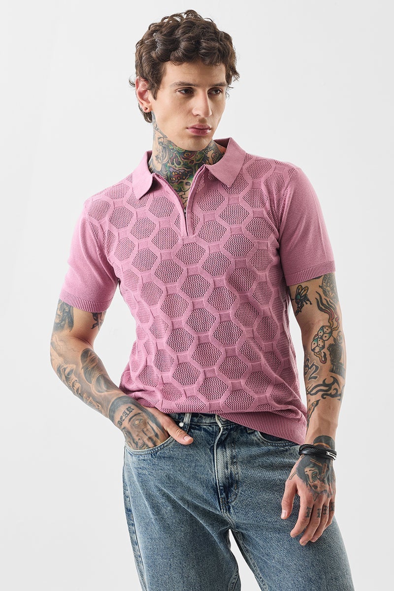 SNITCH Slim Fit Cotton Knitted Pink Polo T-Shirt - Image 5