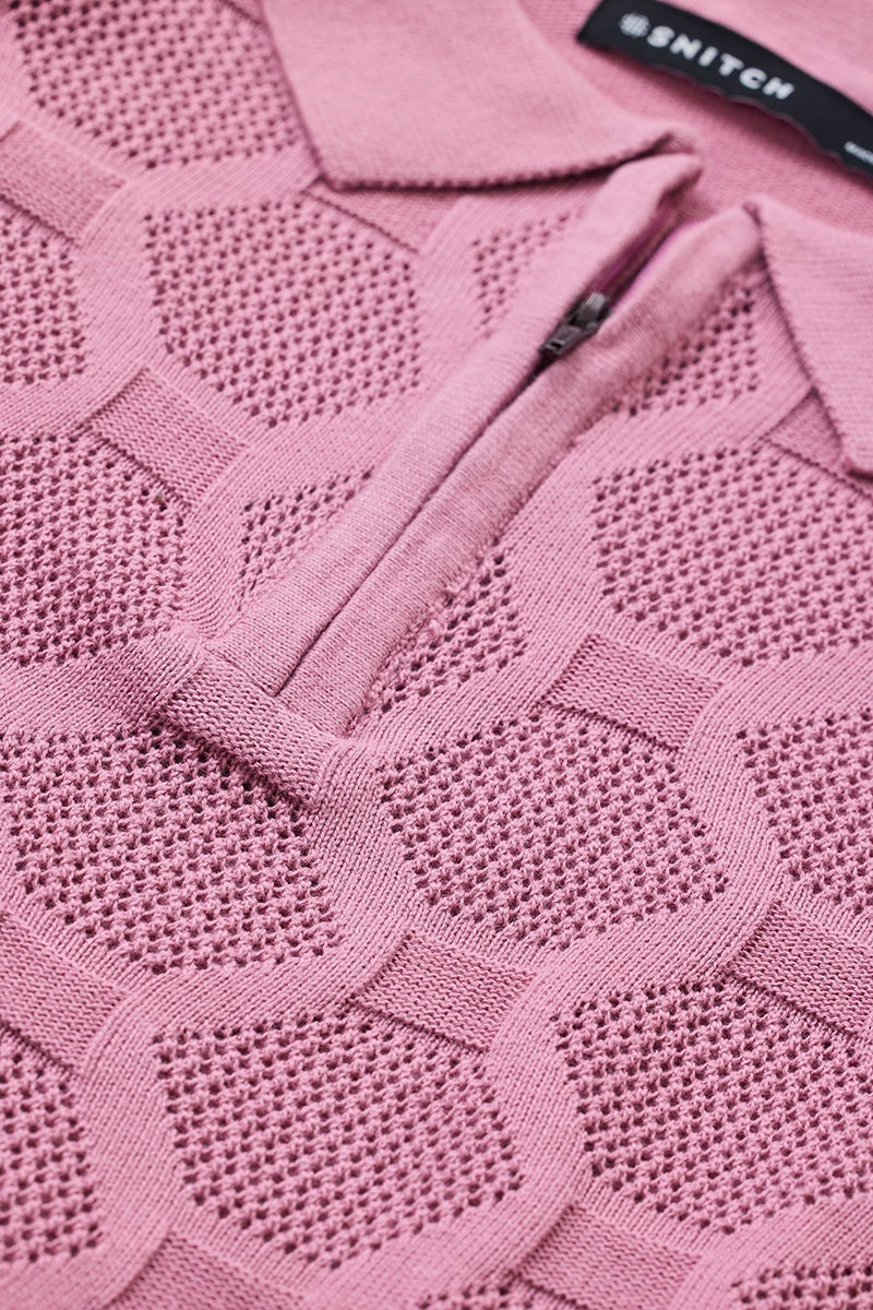 SNITCH Slim Fit Cotton Knitted Pink Polo T-Shirt - Image 2