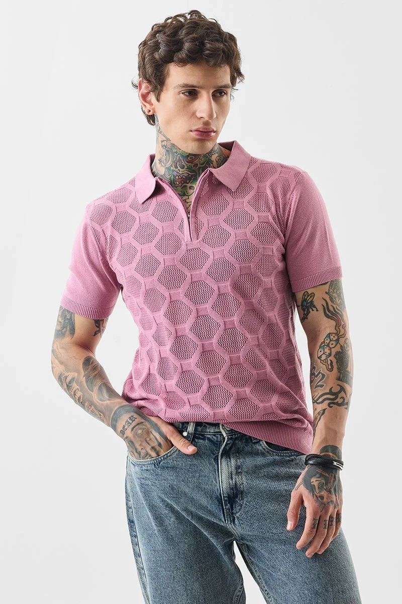 SNITCH Slim Fit Cotton Knitted Pink Polo T-Shirt