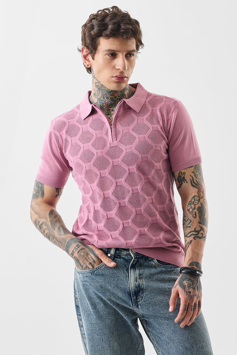 SNITCH Slim Fit Cotton Knitted Pink Polo T-Shirt - Image 4
