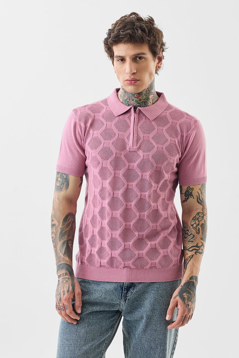 SNITCH Slim Fit Cotton Knitted Pink Polo T-Shirt - Image 5