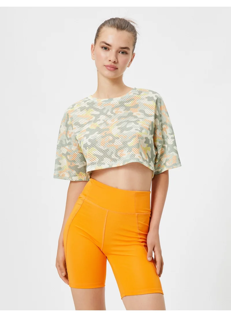 كوتون Sports Crop T-Shirt Mesh Short Sleeve Crew Neck