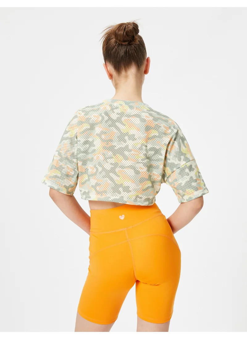 كوتون Sports Crop T-Shirt Mesh Short Sleeve Crew Neck