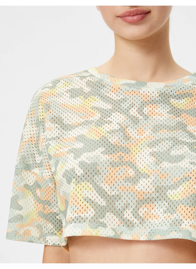 كوتون Sports Crop T-Shirt Mesh Short Sleeve Crew Neck
