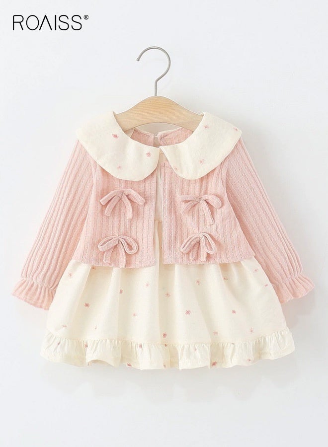 رويس فستان أنيق للفتيات الصغيرات، فستان طويل الأكمام بياقة دمية وخط A للفتيات الصغيرات، فستان مريح للبشرة وقابل للتنفس مع عقدة فيروزية ونقوش زهور، مناسب للارتداء اليومي والأنشطة الخارجية - Image 1