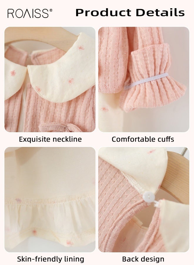 رويس فستان أنيق للفتيات الصغيرات، فستان طويل الأكمام بياقة دمية وخط A للفتيات الصغيرات، فستان مريح للبشرة وقابل للتنفس مع عقدة فيروزية ونقوش زهور، مناسب للارتداء اليومي والأنشطة الخارجية - Image 4