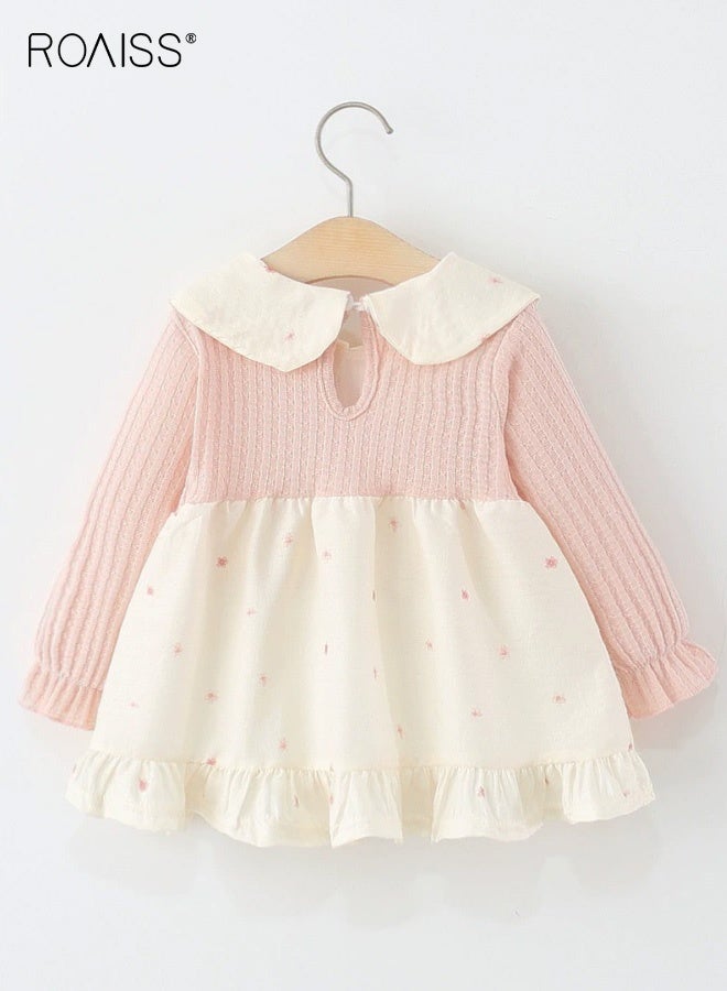 رويس فستان أنيق للفتيات الصغيرات، فستان طويل الأكمام بياقة دمية وخط A للفتيات الصغيرات، فستان مريح للبشرة وقابل للتنفس مع عقدة فيروزية ونقوش زهور، مناسب للارتداء اليومي والأنشطة الخارجية - Image 2