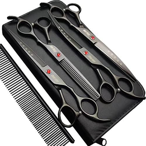 Kingstar 7.0in Titanium Professional dog Grooming Scissors set,Straight & Thinning & Curved scissors 4pcs set for Dog grooming Bright Black With Comb - Image 1