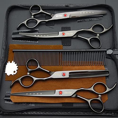 Kingstar 7.0in Titanium Professional dog Grooming Scissors set,Straight & Thinning & Curved scissors 4pcs set for Dog grooming Bright Black With Comb - Image 2