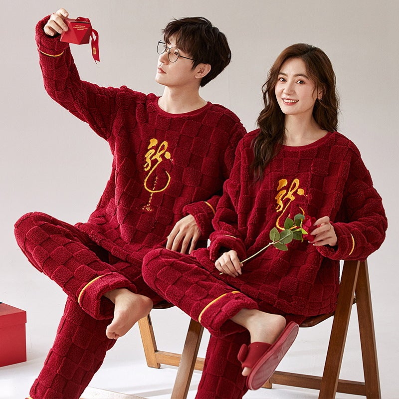 Wedding Couple Pajamas Coral Fleece Thickened Fleece-Lined Flannel Red Men'S And Women'S Newlywed Home Clothes Suit - Image 3
