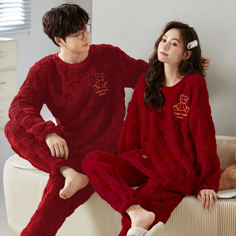 Wedding Couple Pajamas Coral Fleece Thickened Fleece-Lined Flannel Red Men'S And Women'S Newlywed Home Clothes Suit - Image 1