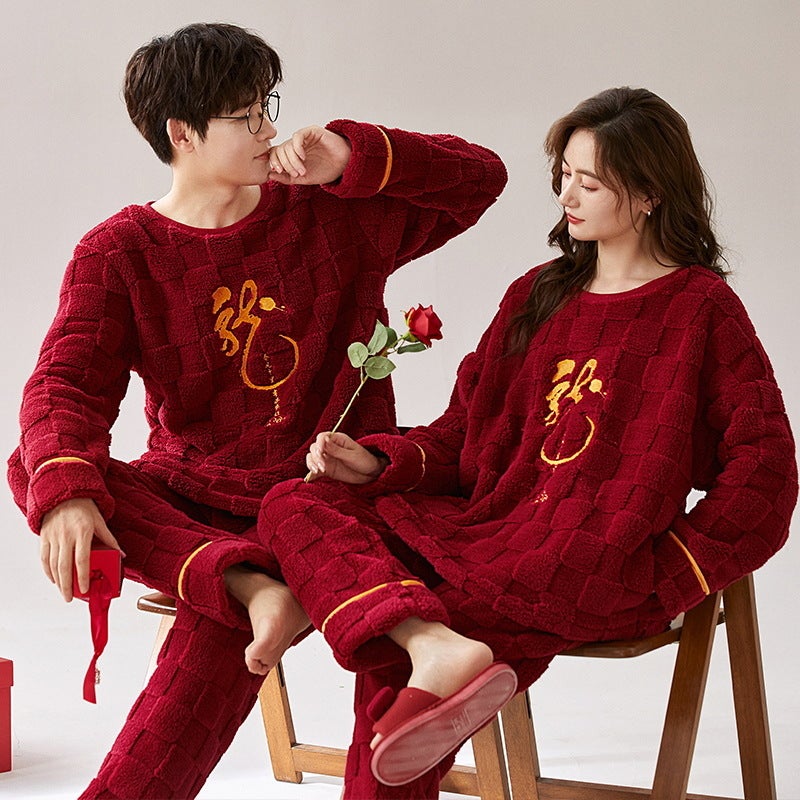 Wedding Couple Pajamas Coral Fleece Thickened Fleece-Lined Flannel Red Men'S And Women'S Newlywed Home Clothes Suit - Image 2