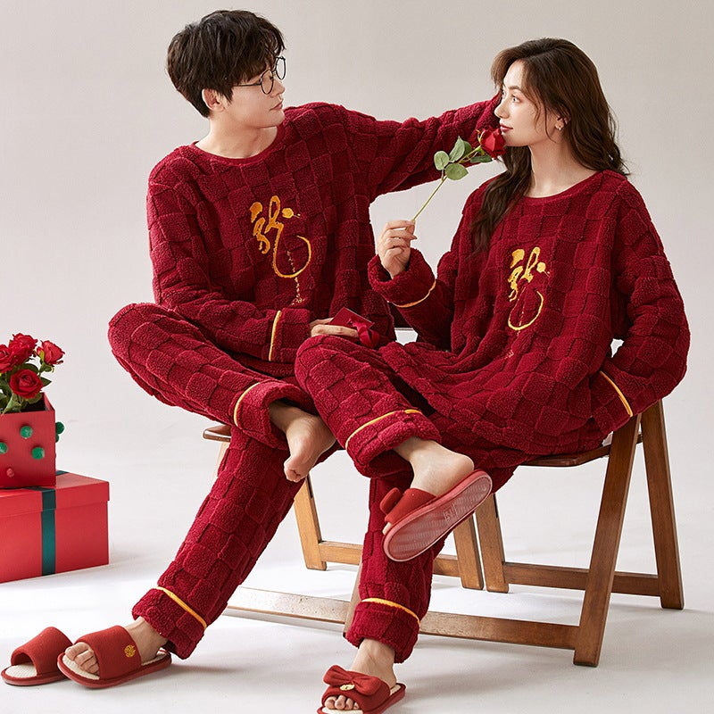 Wedding Couple Pajamas Coral Fleece Thickened Fleece-Lined Flannel Red Men'S And Women'S Newlywed Home Clothes Suit - Image 5