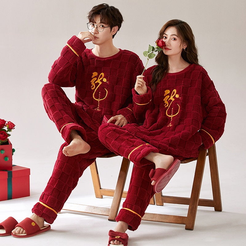 Wedding Couple Pajamas Coral Fleece Thickened Fleece-Lined Flannel Red Men'S And Women'S Newlywed Home Clothes Suit - Image 4