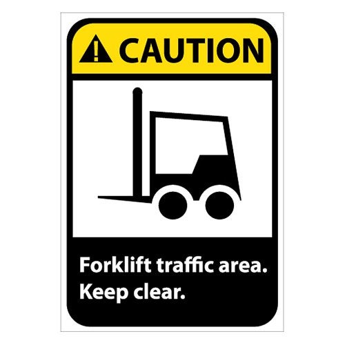 NMC CGA7P OSHA Sign, Legend "CAUTION - Forklift traffic area. Keep clear." with Graphic, 7" Length x 10" Height, Pressure Sensitive Vinyl, Yellow/Black on White - Image 1