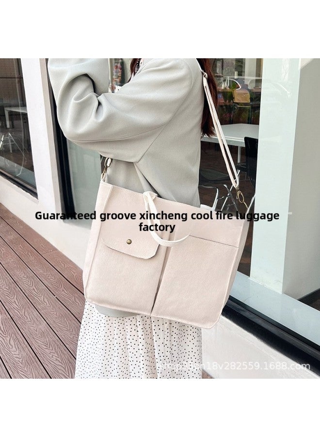 Women's Tote Bag Corduroy Handbag 2024 Shoulder Bag European And American Fashion Simple Messenger Bag Large Capacity-Color:Creamy-white - Image 3