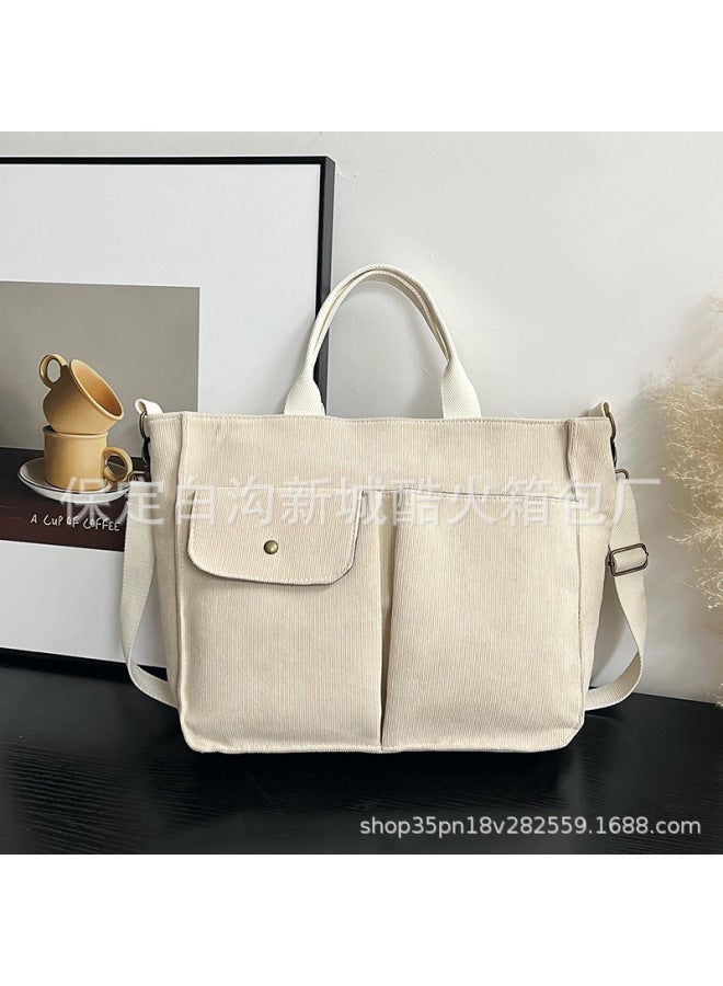 Women's Tote Bag Corduroy Handbag 2024 Shoulder Bag European And American Fashion Simple Messenger Bag Large Capacity-Color:Creamy-white - Image 1