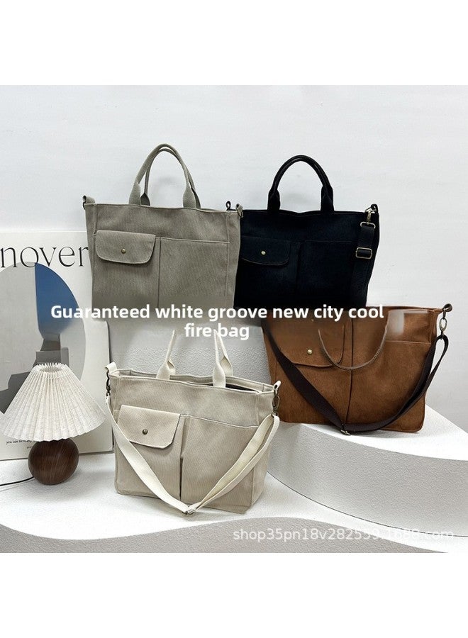 Women's Tote Bag Corduroy Handbag 2024 Shoulder Bag European And American Fashion Simple Messenger Bag Large Capacity-Color:Creamy-white - Image 2