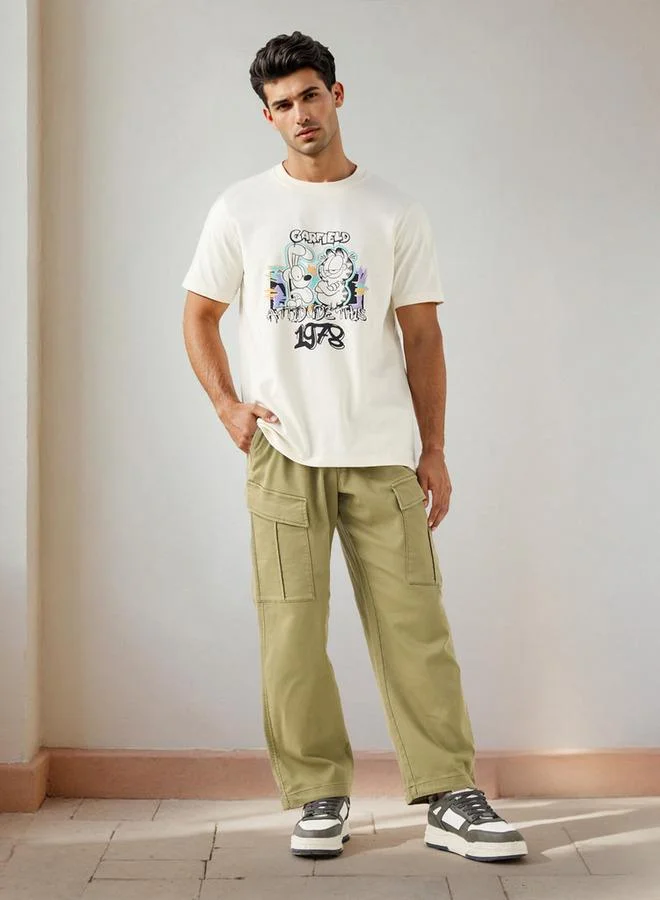 Splash FAV Garfield Print Crew Neck T-shirt with Short Sleeves