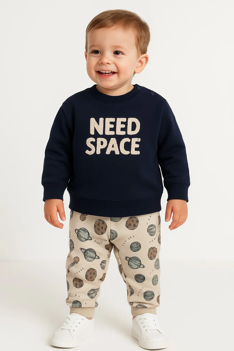 Dirkje Baby Boys “Need Space” Fleece Tracksuit – Navy &amp; Cream 2-Piece Set