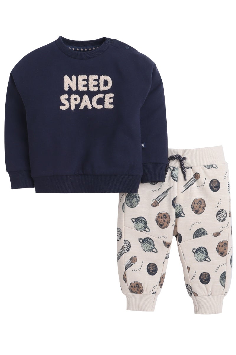 Dirkje Baby Boys “Need Space” Fleece Tracksuit – Navy & Cream 2-Piece Set - Image 4