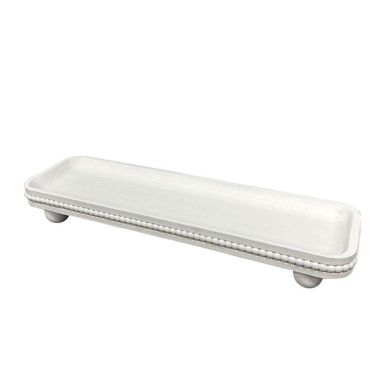 Dwellington Oval Wooden Decorative Tray, Farmhouse Style, Beaded Serving Tray for Living Room, Coffee Table (White) - Image 2